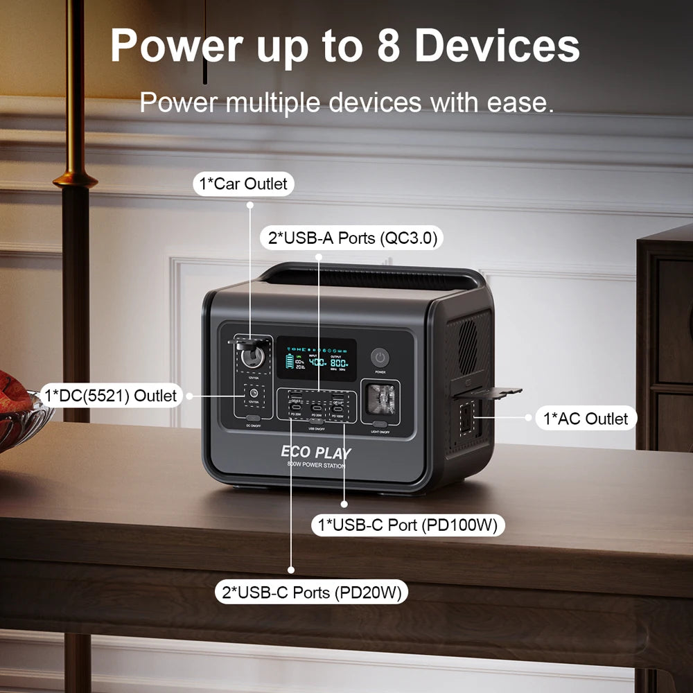 Eco Play EP800 Portable Power Station 512Wh LiFePO4 800W AC Outlets