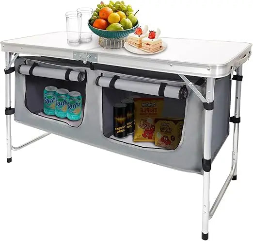 Outdoor Folding Aluminum Table With Adjustable Height And Storage Organizer