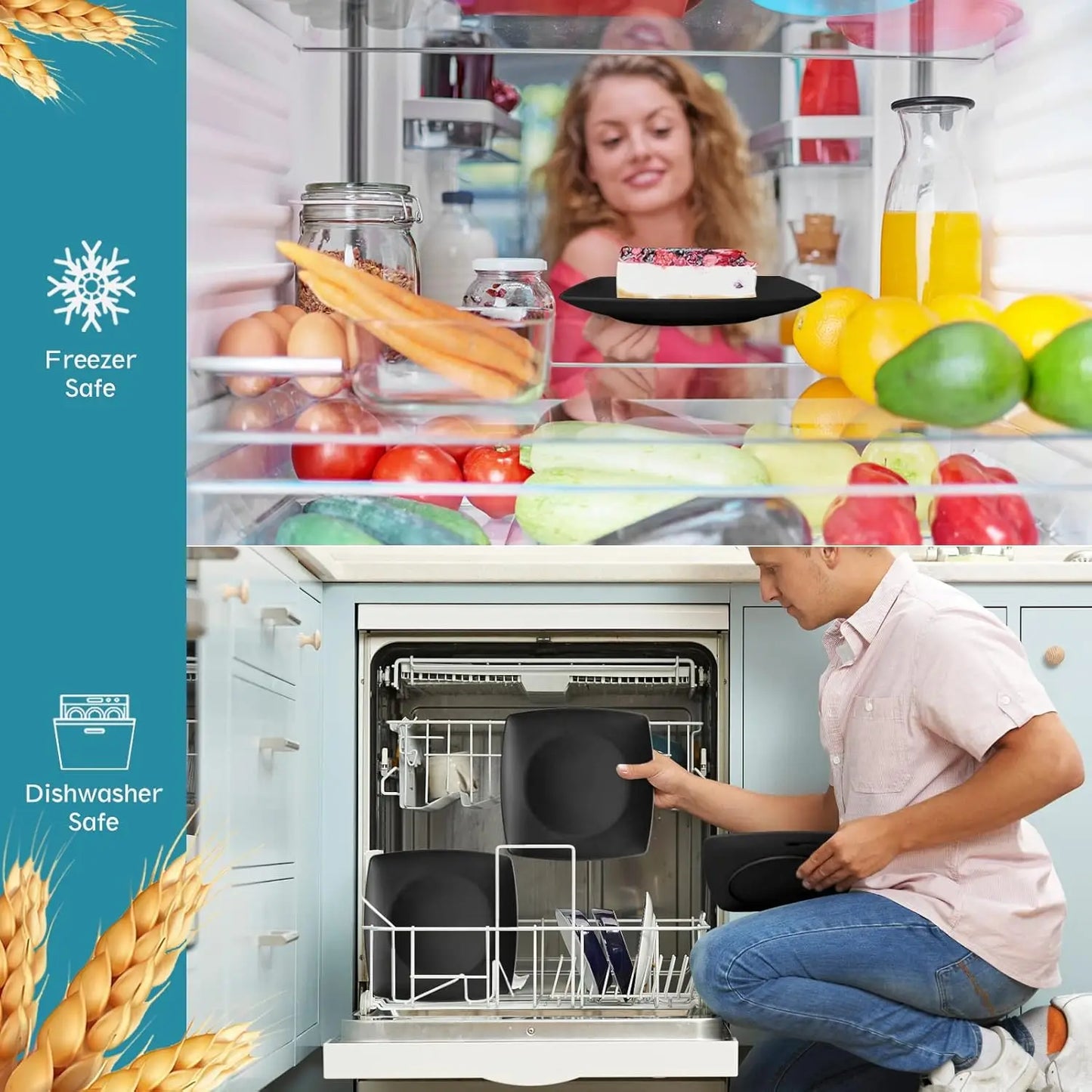 Wheat Straw Square Dinnerware Set For 8 Unbreakable With Flatware