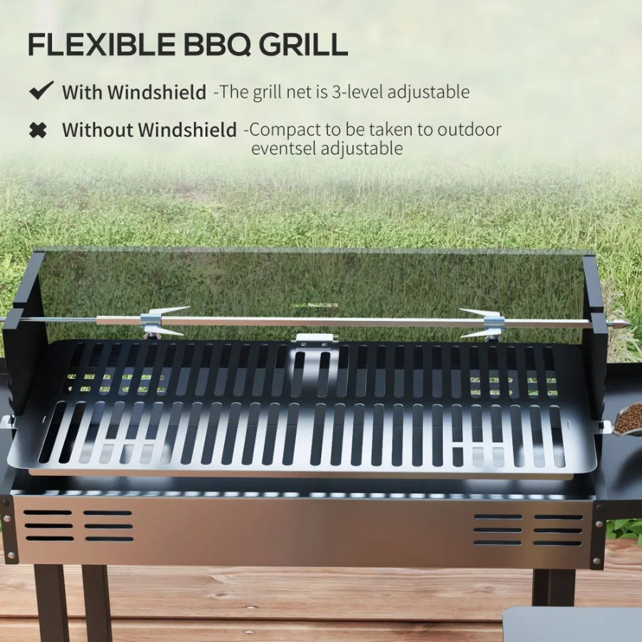 Hign-concerned BBQ Rotisserie Charcoal Grill With 3 Level Shelves