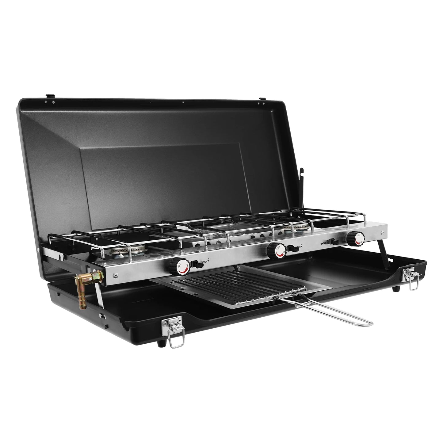 Portable Camping Stove with Griddle 3 Burner Propane Gas Stove Adjustable Windshield Folding for camping, barbecues, parties