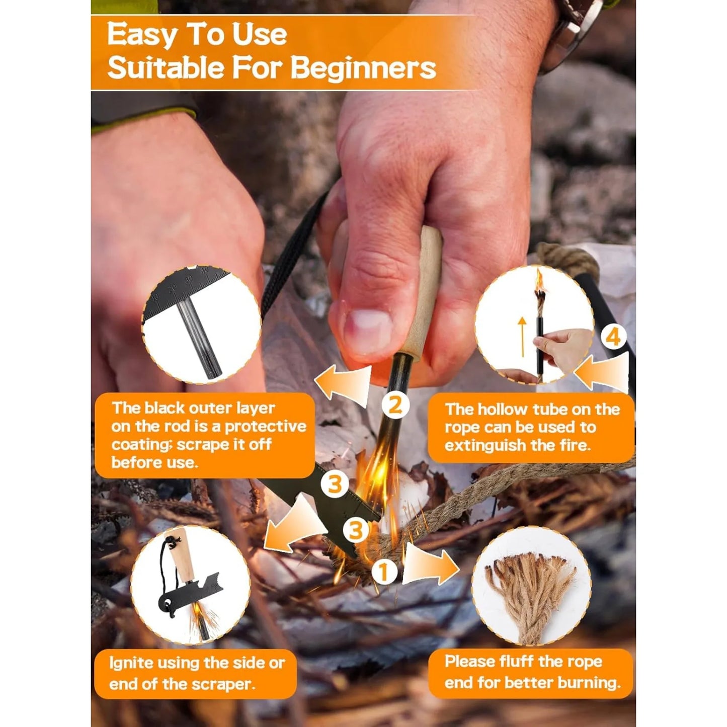 Survival Fire Starter Kit With Magnesium Rod And Hemp Rope