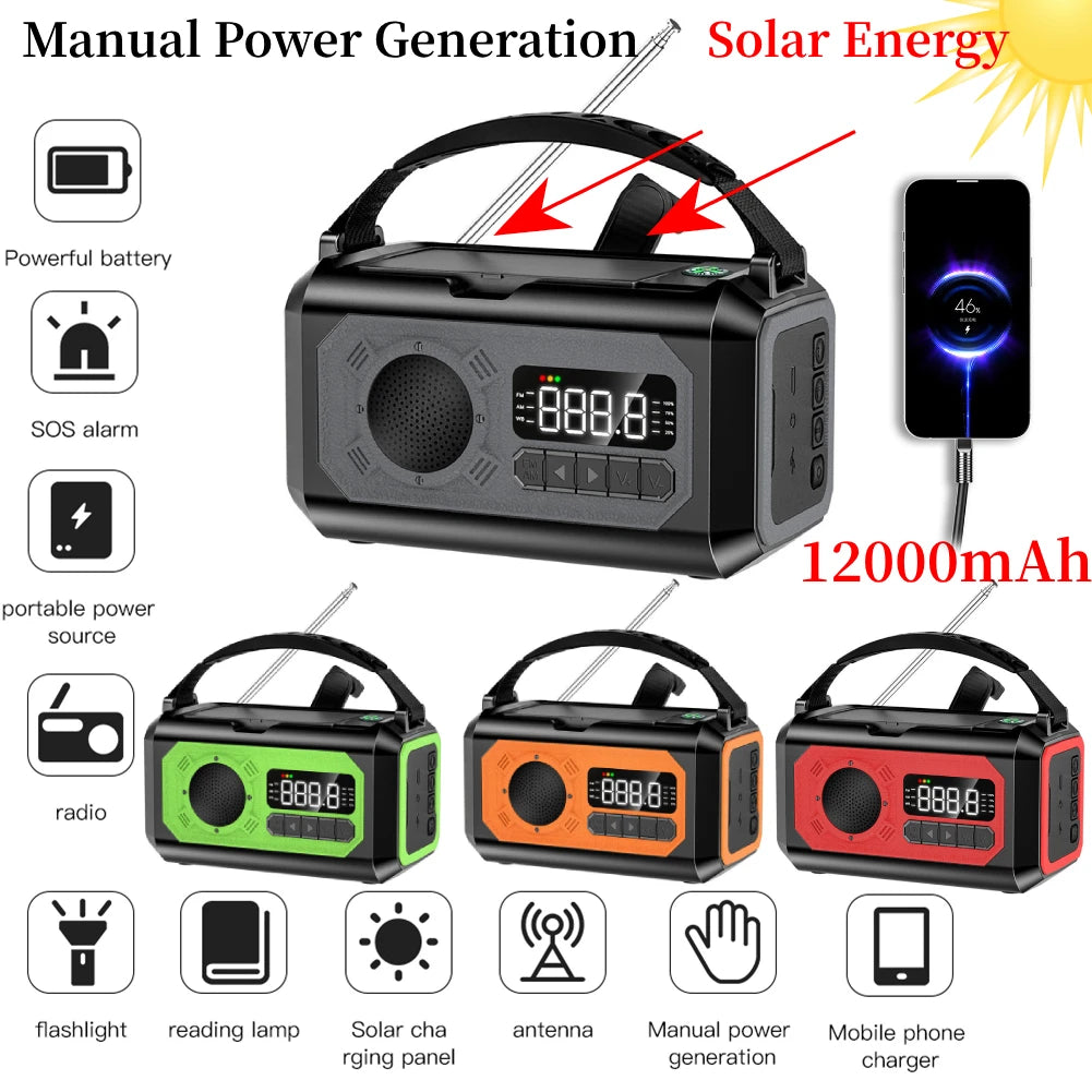 MUQZI 12000mAh Portable Solar Emergency Radio With Power Bank