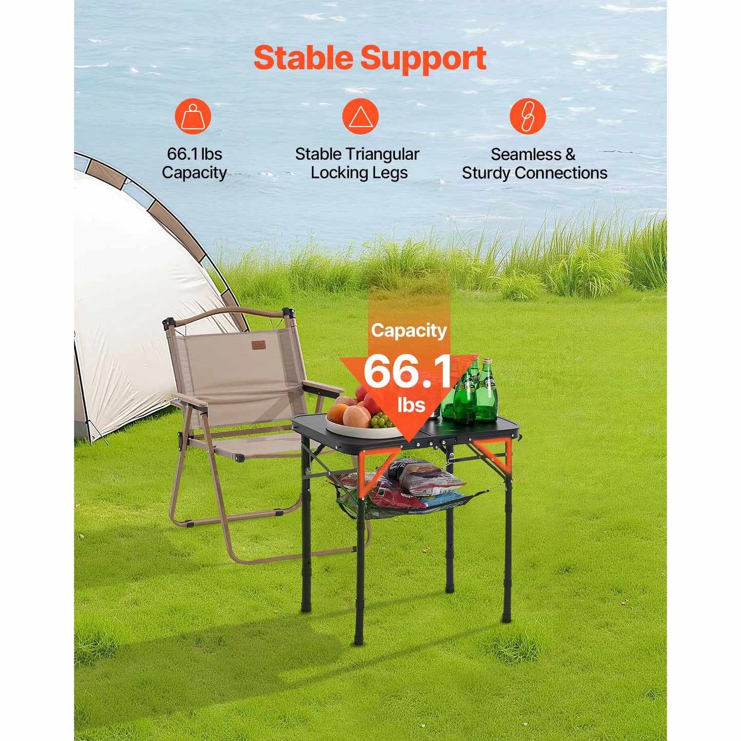 SucceBuy Folding Camping Table Adjustable Height Portable Side Tables Aluminum MDF Beach Table with Mesh Layer for Picnic BBQ