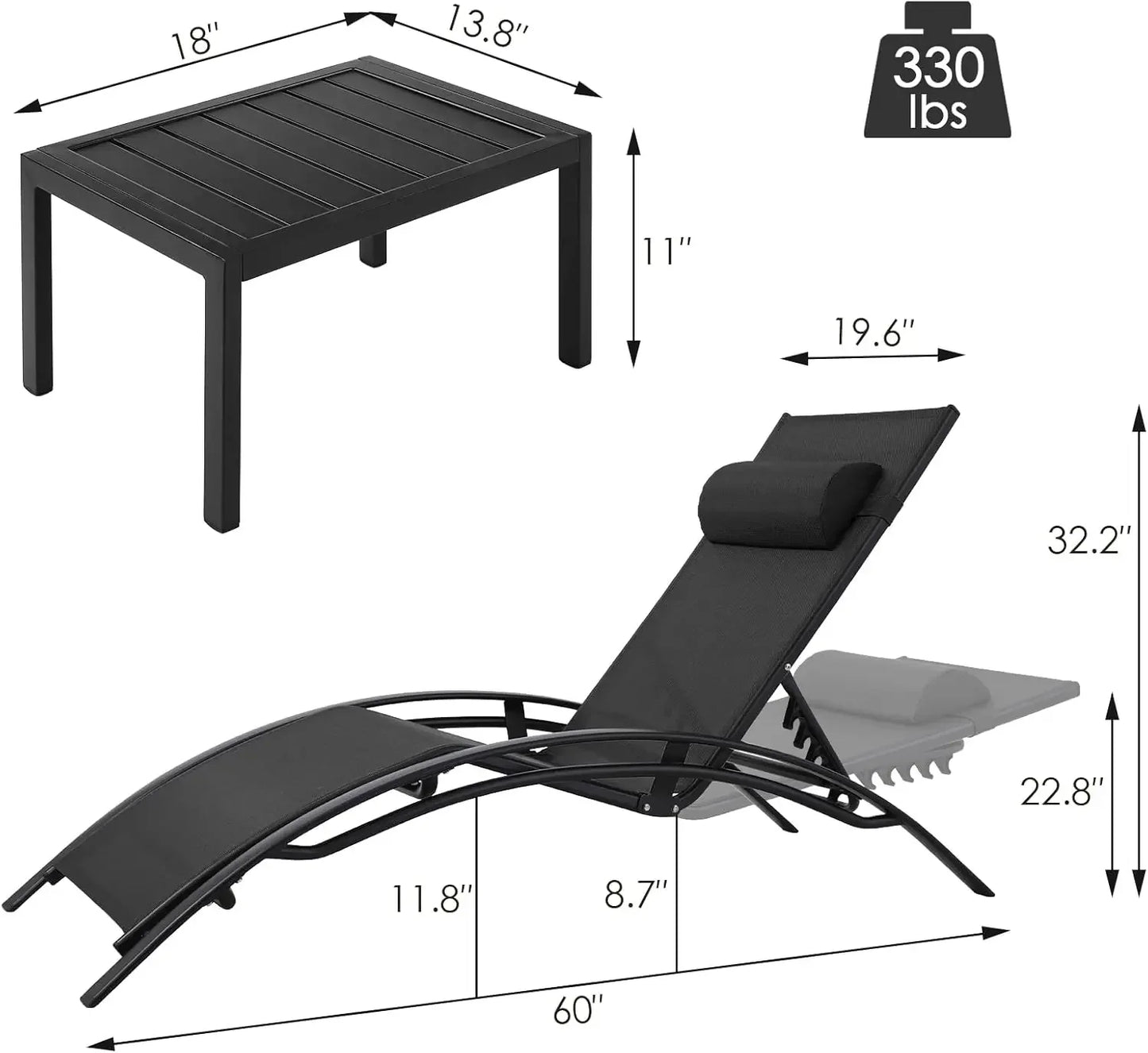 Customizable 3 pcs Poolchairs Patio Chaise Lounge Set with Headrest, 5-Level Adjustable Sunbathing Tanning Poolside Recliner Cha