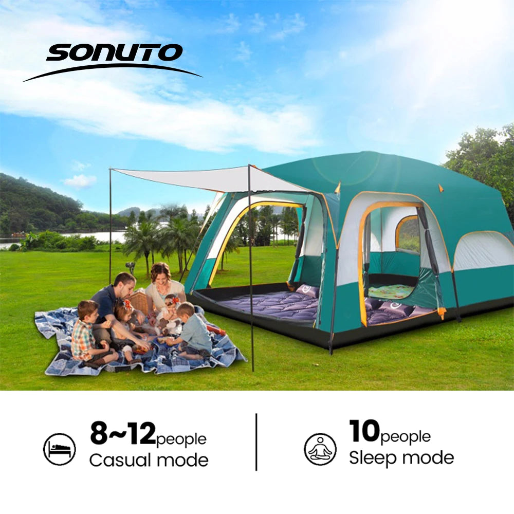 Large Family Tent 8-12 Person 2 Room Windproof with Sun Protection Mosquito Net, Instant Setup Outdoor Camping Tent for 4 Season