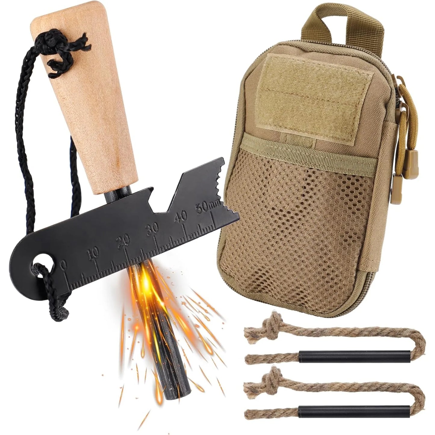 Survival Fire Starter Kit With Magnesium Rod And Hemp Rope