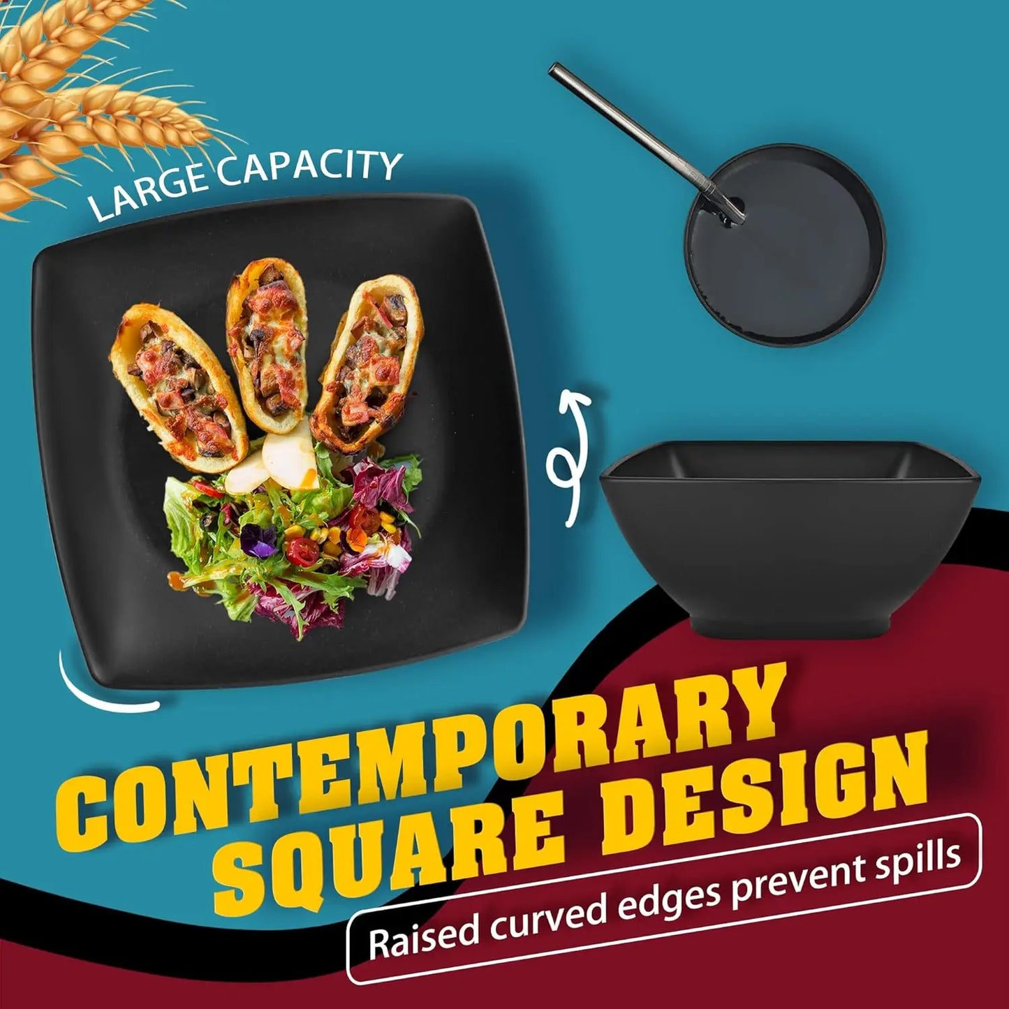 Wheat Straw Square Dinnerware Set For 8 Unbreakable With Flatware