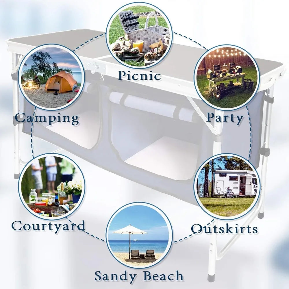 Outdoor Folding Aluminum Table With Adjustable Height And Storage Organizer