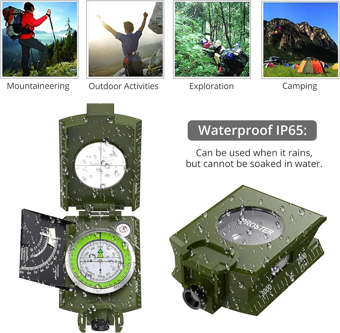 IP65 Compass Hiking Survival Lensatic Sighting Clinometer For Camping Navigation