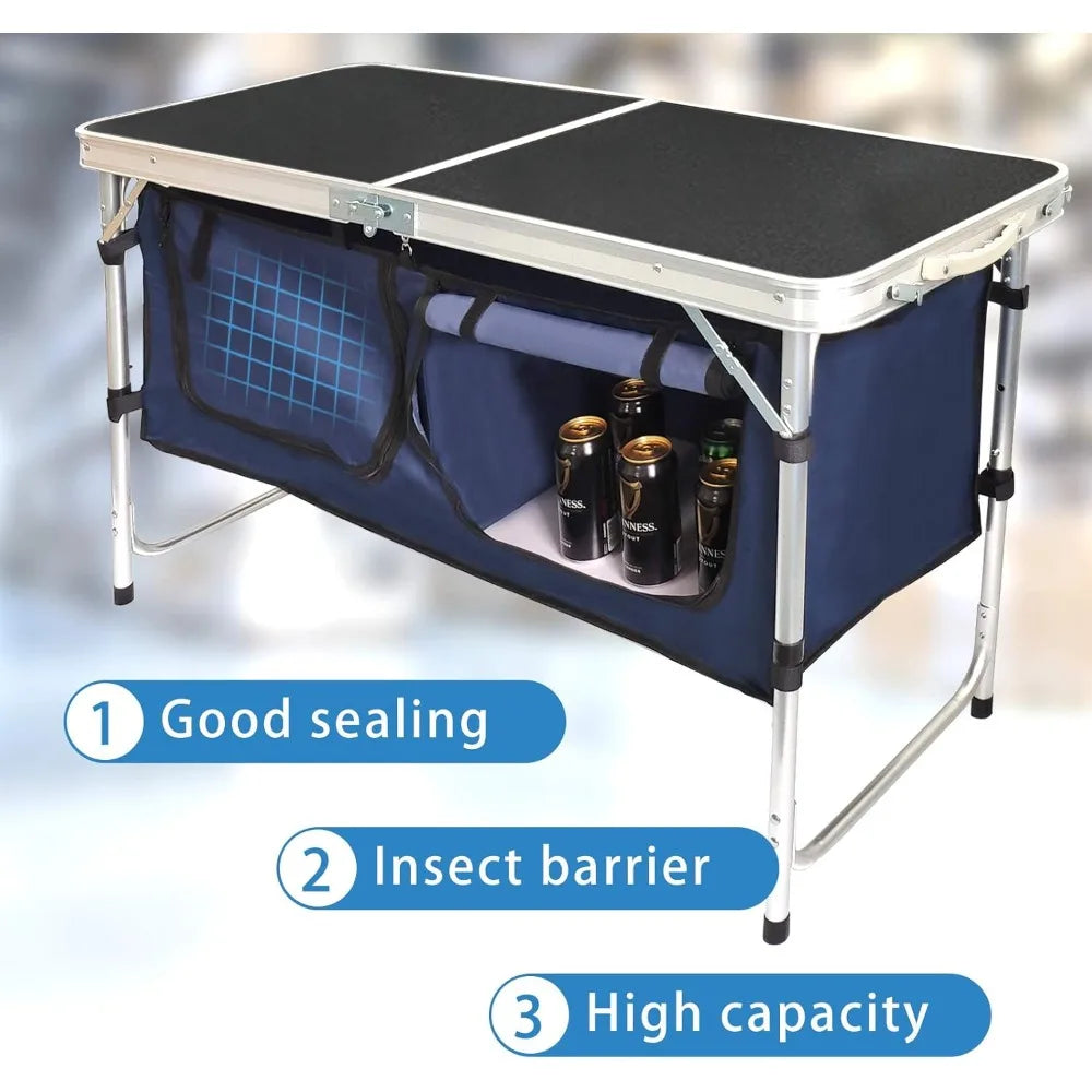 Outdoor Folding Aluminum Table With Adjustable Height And Storage Organizer