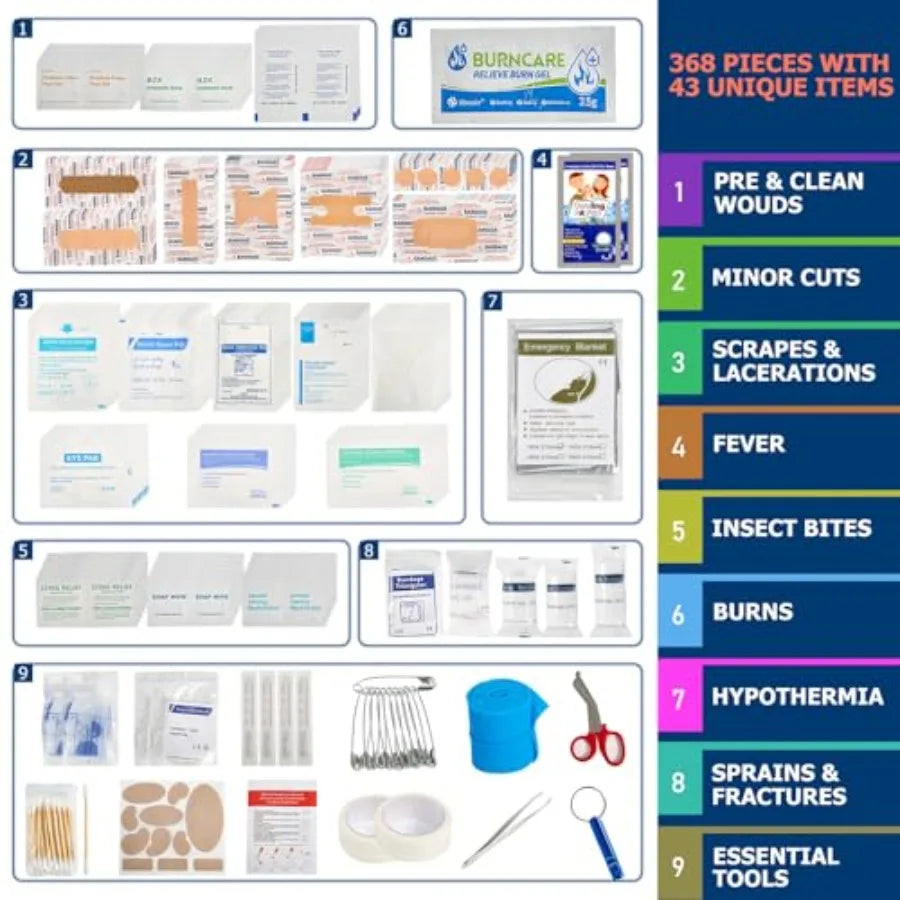 First Aid Kit 368 Pcs Waterproof Compact Portable Hard Case