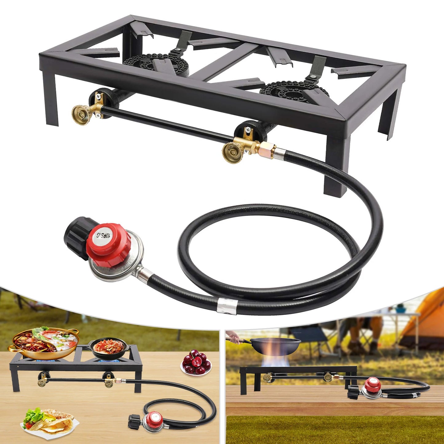 Portable Dual Burner Outdoor Gas Stove With Adjustable Regulator Hose