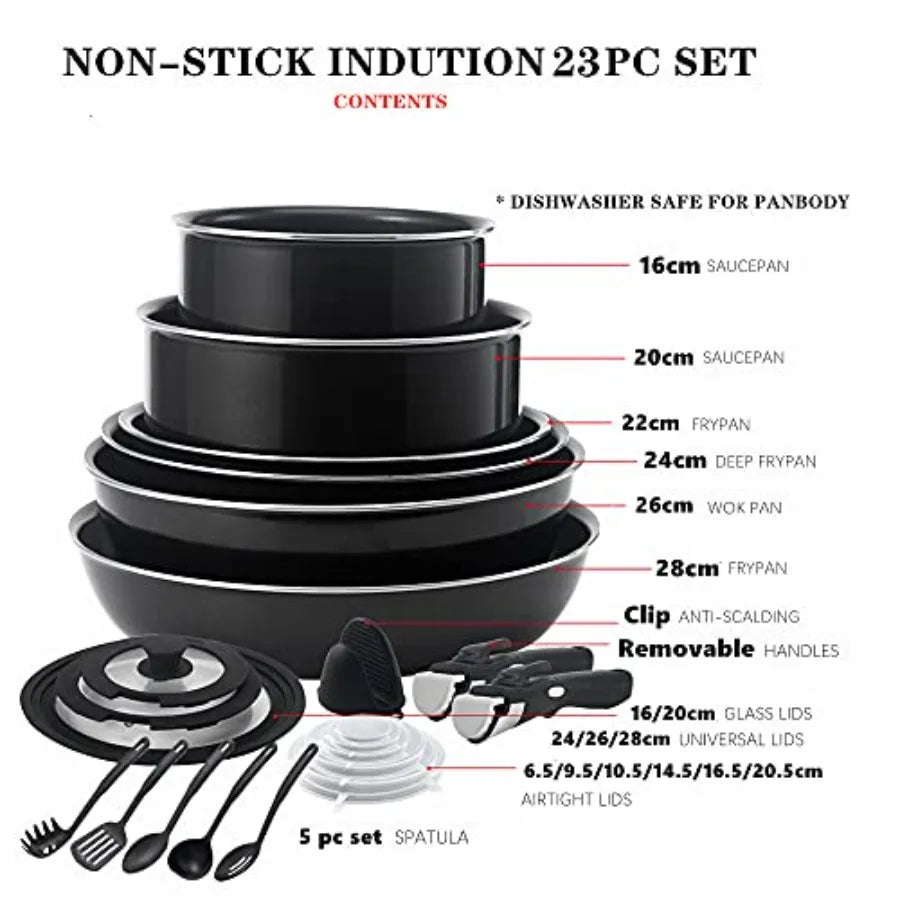 23 Piece Nonstick Cookware Set With Stackable Pans And Removable Handles