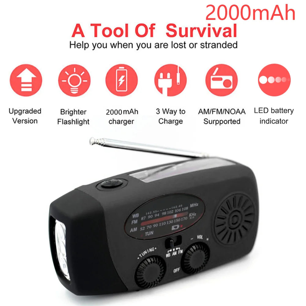 MUQZI 12000mAh Portable Solar Emergency Radio With Crank Power Bank