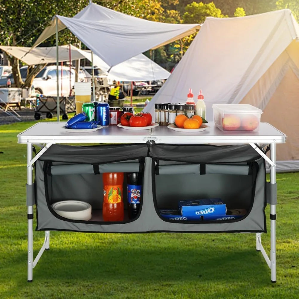 Camping Kitchen Station Folding Outdoor Table With Storage Organizer