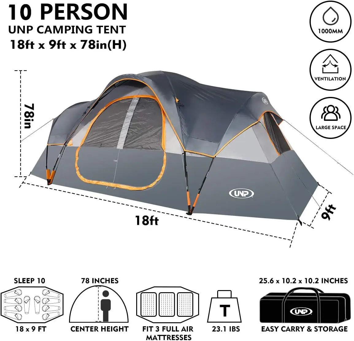 10-Person Family Camping Tent, Easy Setup, Waterproof, 2 Rooms, Large Mesh Windows for Ventilation and Star View