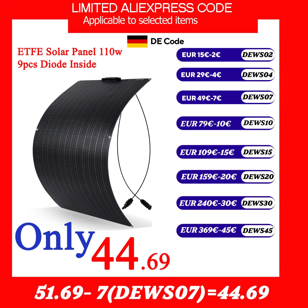 Solar Panel 330W 440W 220w 110W Flexible Panel Solar ETFE Film Coating Monocrystalline Solar Cell 1000w 12V Battery Charger