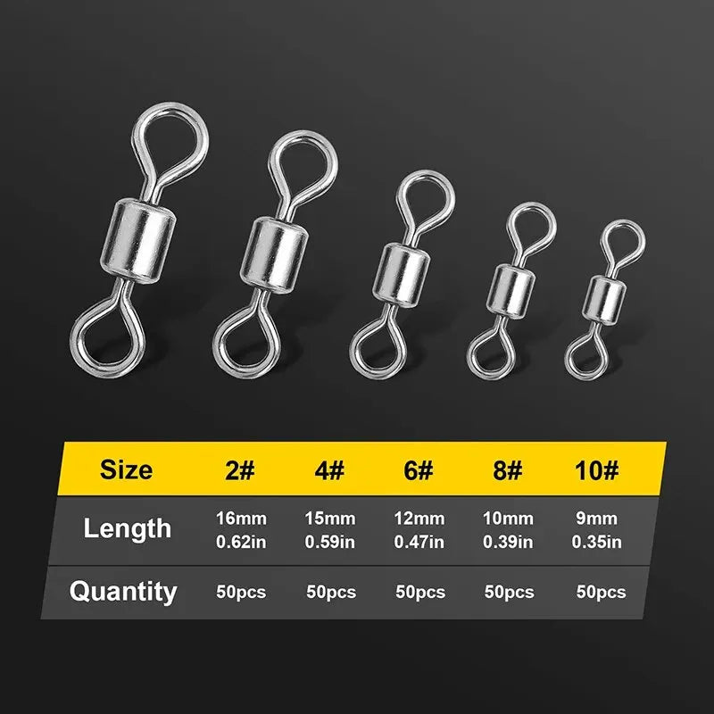 250pcs/Set Fishing Connector 2 4 6 8 10 Fishing Barrel Bearing Rolling Swivel Solid Ring Lures Fishing Accessories