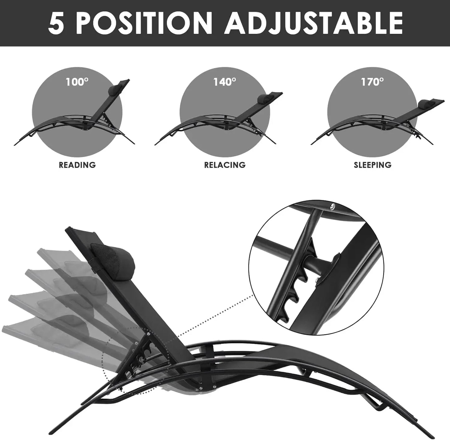 Customizable 3 pcs Poolchairs Patio Chaise Lounge Set with Headrest, 5-Level Adjustable Sunbathing Tanning Poolside Recliner Cha