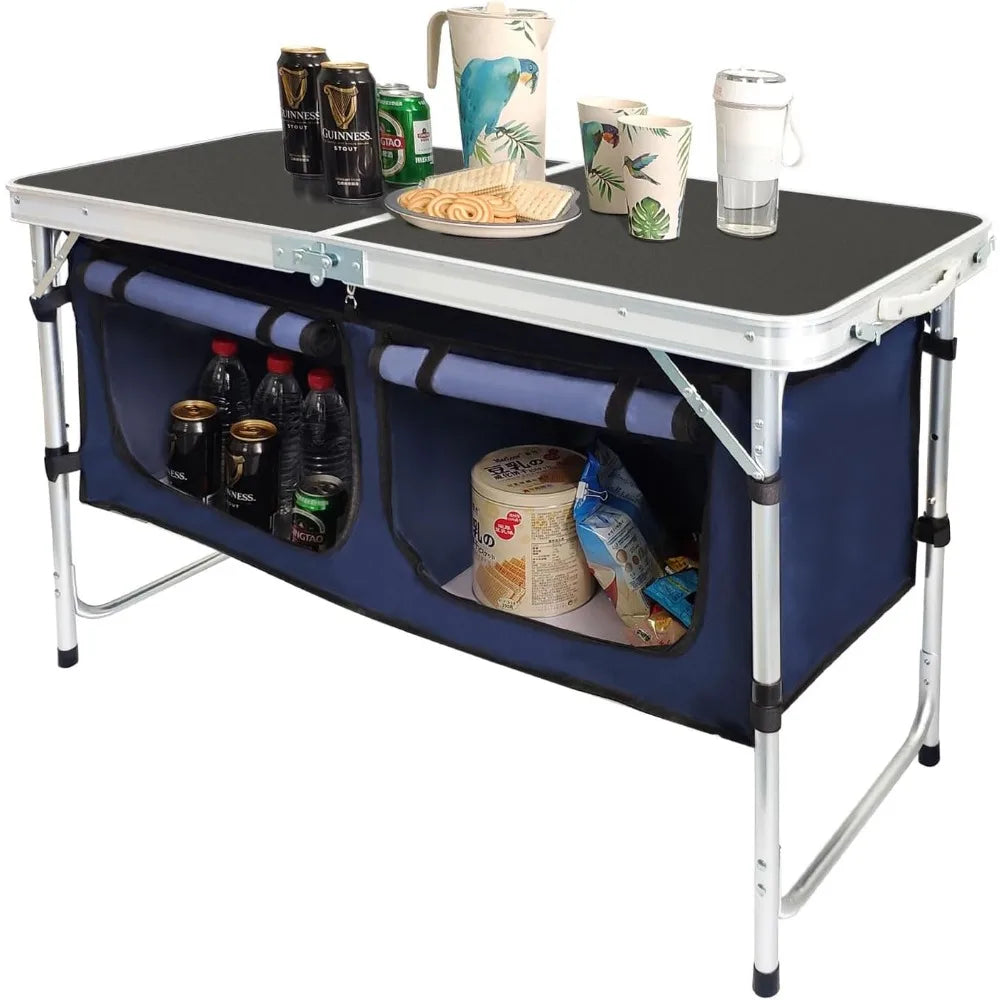 Outdoor Folding Aluminum Table With Adjustable Height And Storage Organizer