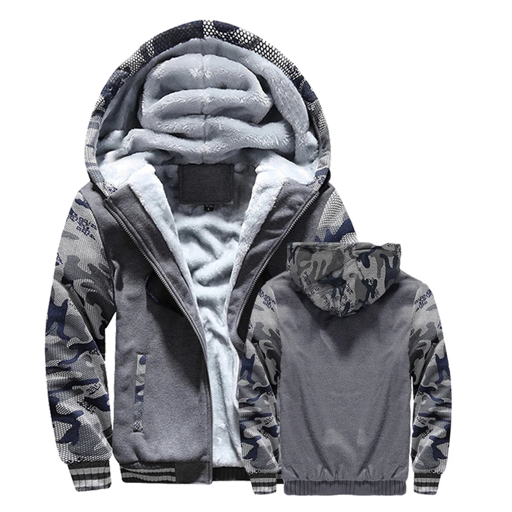 Men Winter Jacket Hooded Fleece Zipper Coat Outerwear