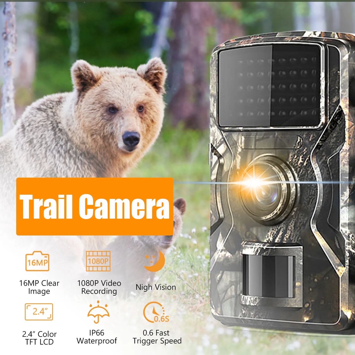 TOMSHOO Trail Camera 1080P 16MP Infrared Night Vision IP66 Waterproof