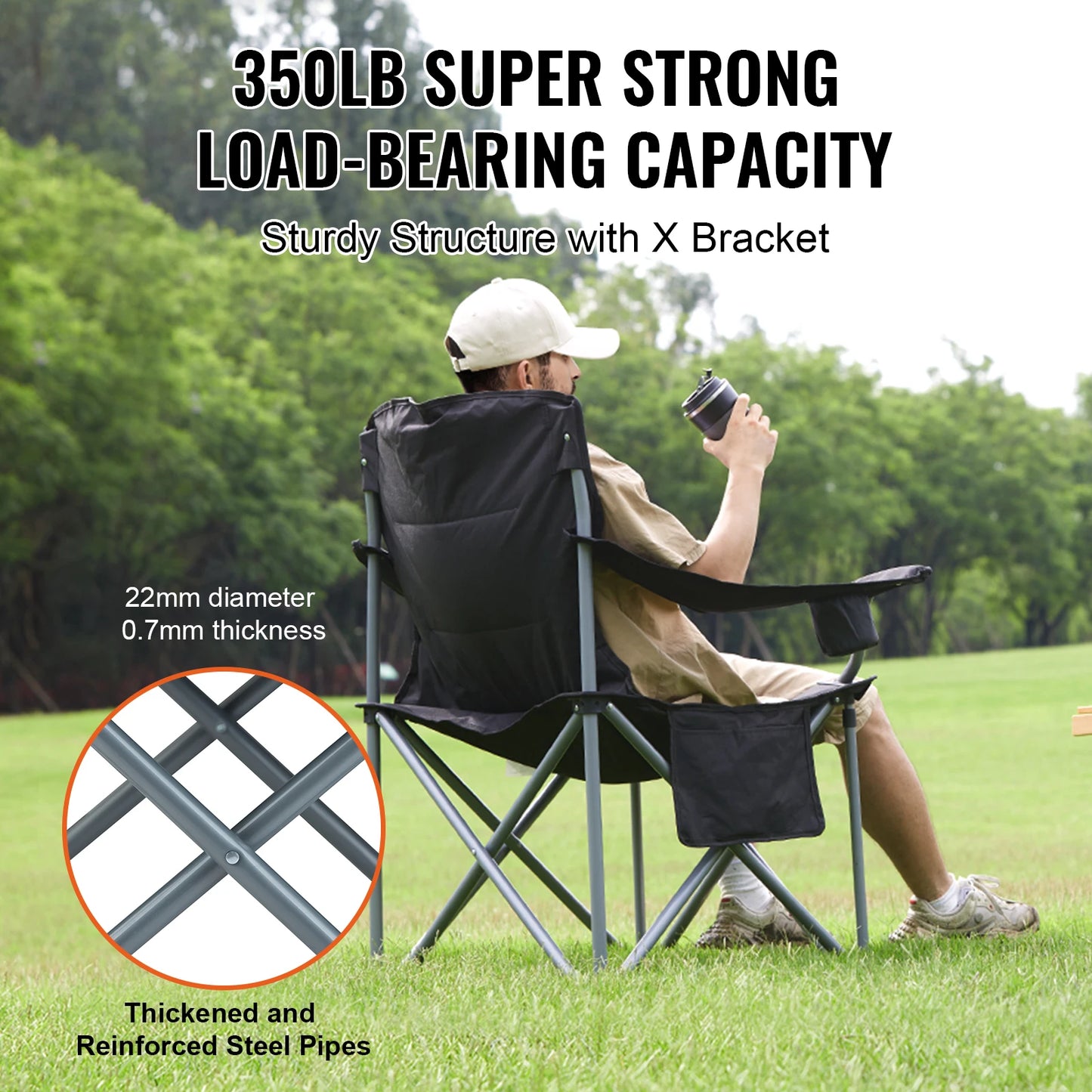 SucceBuy Camping Folding Chair for Adults Portable Quad Lumbar Back Padded Arm Chairs with Side Pockets for Beach, Lawn, Picnic