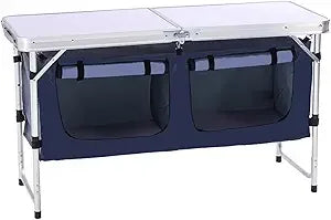 Outdoor Folding Aluminum Table With Adjustable Height And Storage Organizer