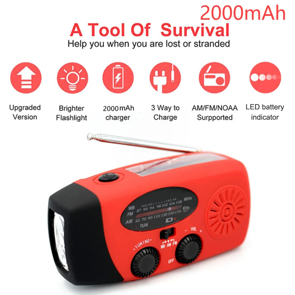 MUQZI 12000mAh Portable Solar Emergency Radio With Crank Power Bank