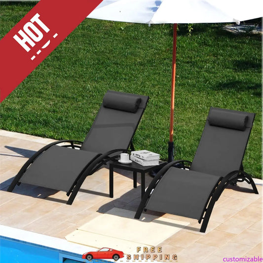 Customizable 3 pcs Poolchairs Patio Chaise Lounge Set with Headrest, 5-Level Adjustable Sunbathing Tanning Poolside Recliner Cha