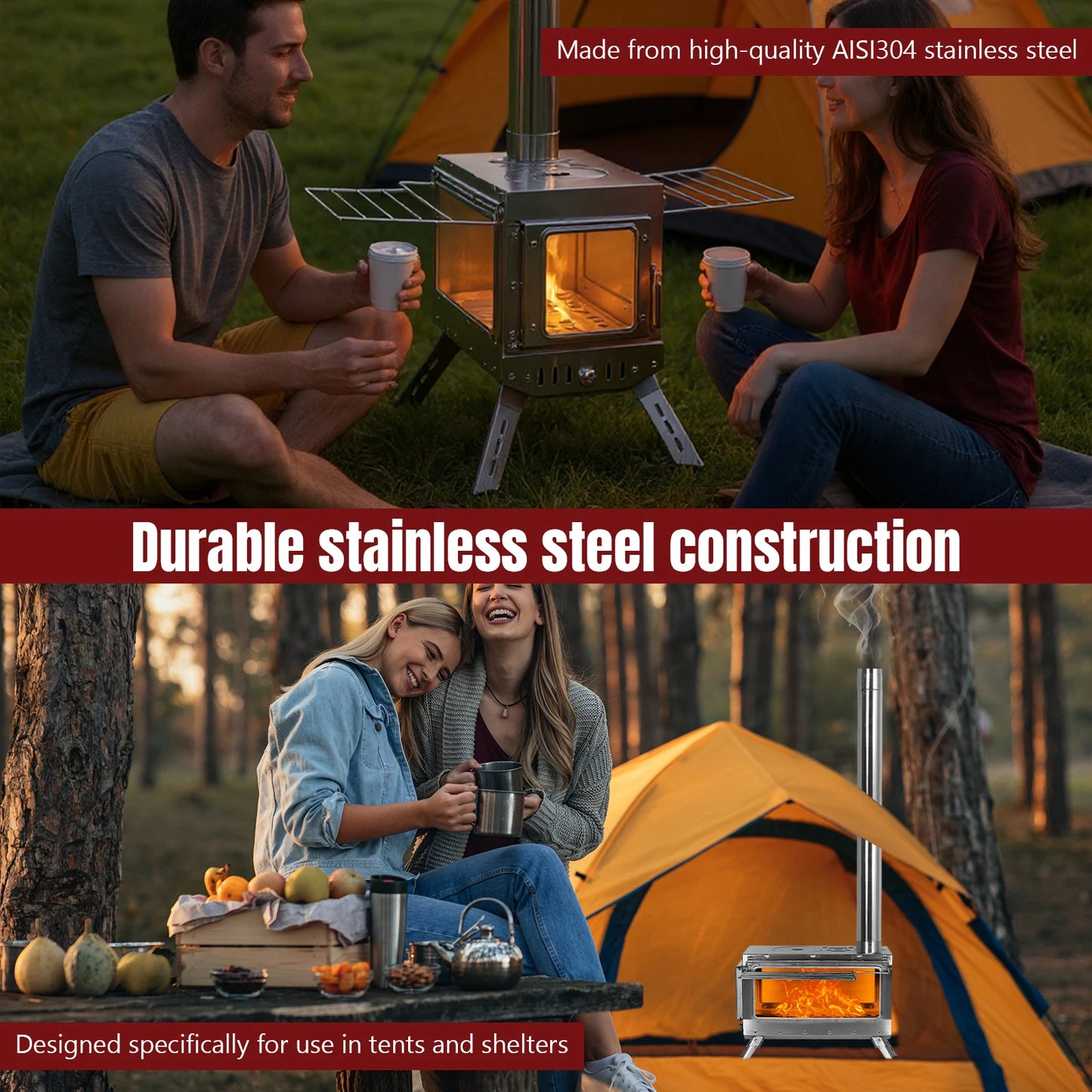 Shunmaii Stainless Steel Smokeless Wood Stove With Glass Window Camping