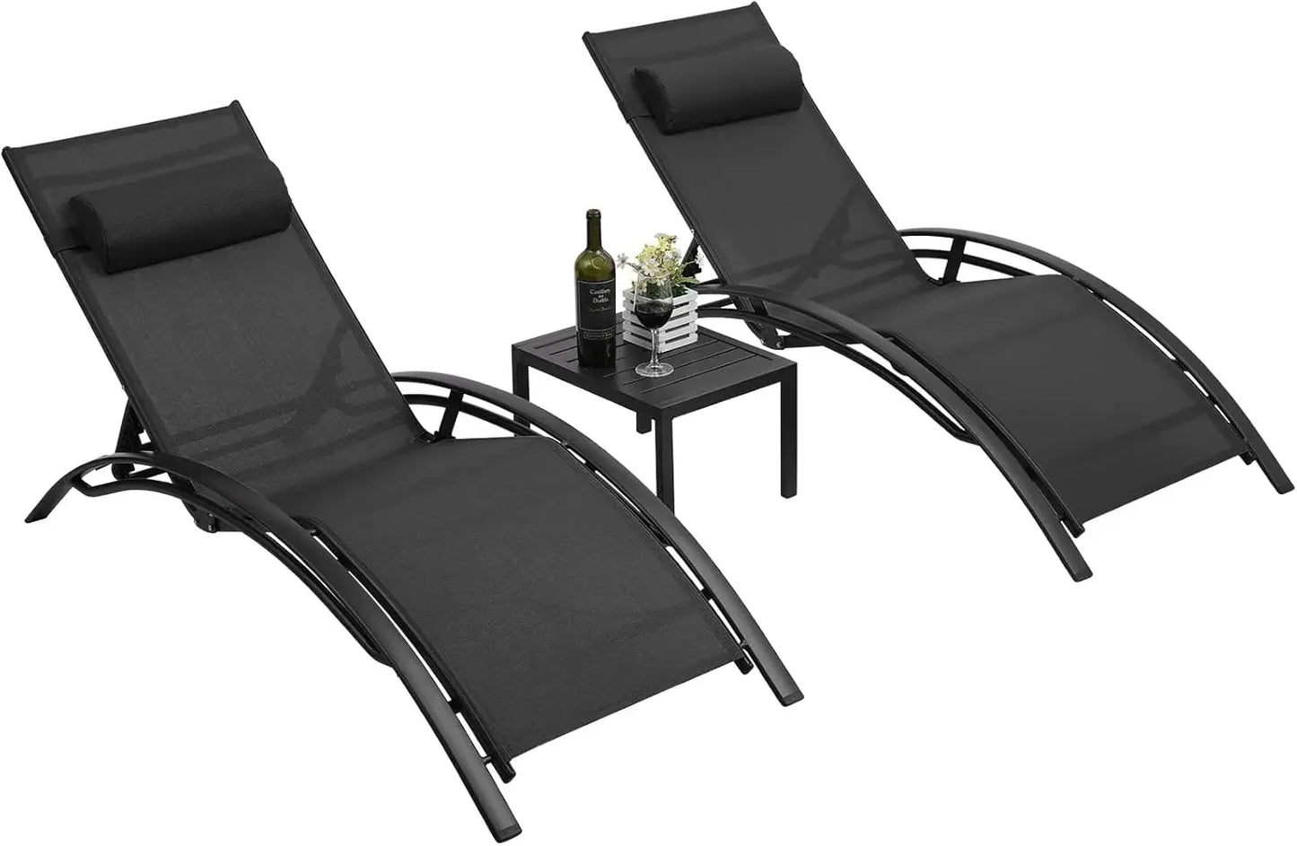 Customizable 3 pcs Poolchairs Patio Chaise Lounge Set with Headrest, 5-Level Adjustable Sunbathing Tanning Poolside Recliner Cha