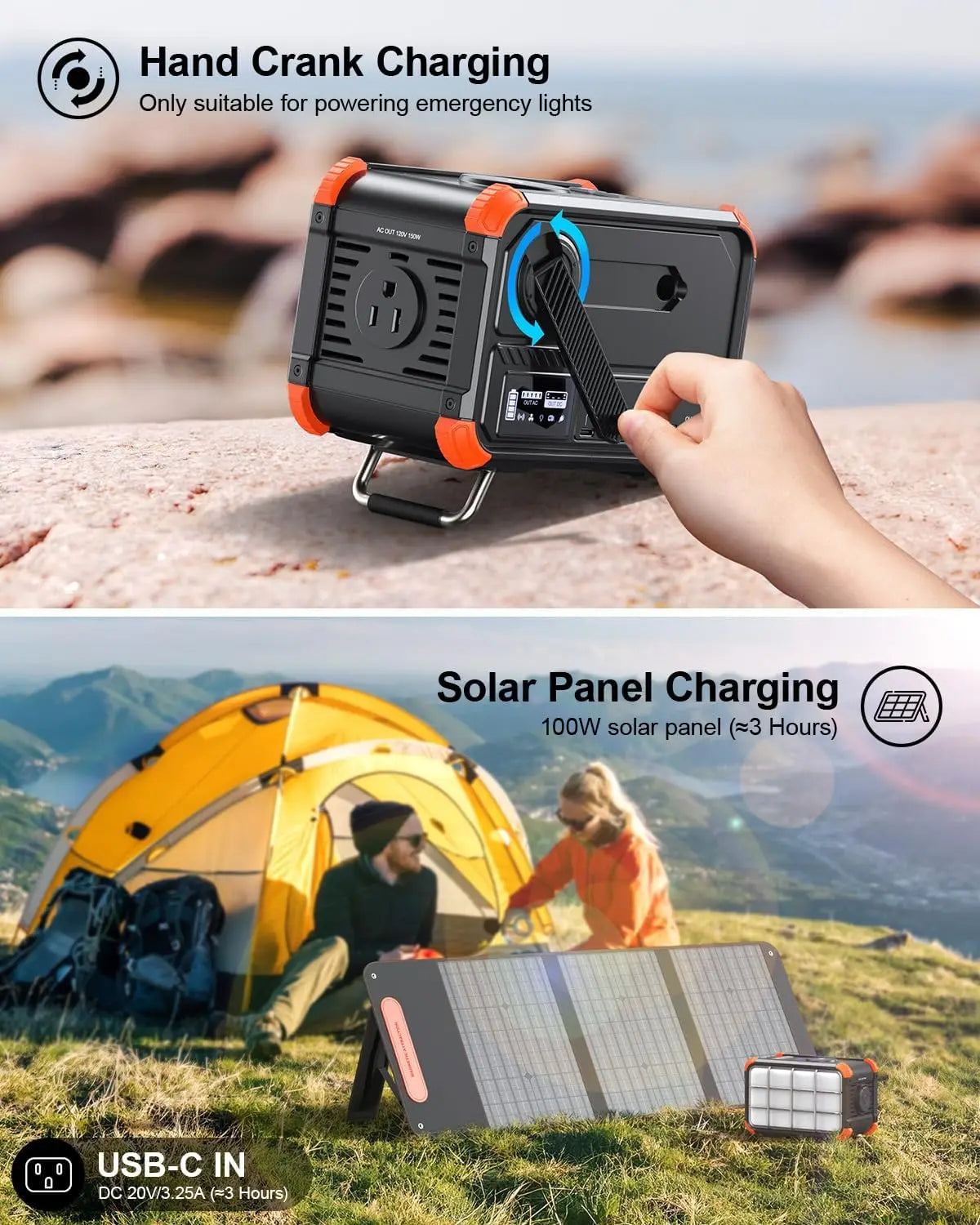 Portable Power Station 153Wh Solar Generator With Hand Crank 120V 150W AC Outlet