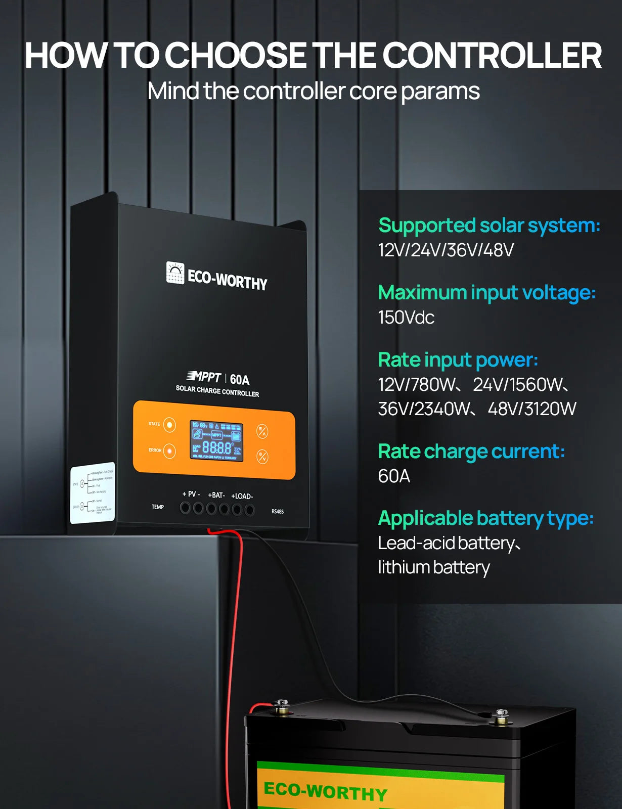 ECO-WORTHY 60A MPPT Solar Charge Controller, 12/24/36/48V Solar Panel Regulator for Lead-Acid/Lifepo4 Battery in Solar System RV