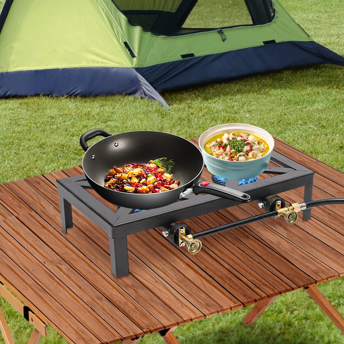 Portable Dual Burner Outdoor Gas Stove With Adjustable Regulator Hose
