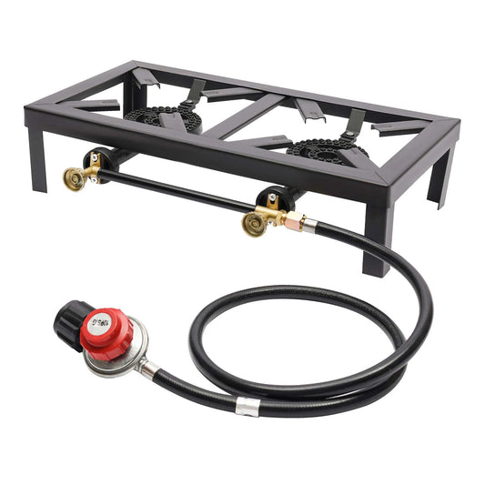 Portable Dual Burner Outdoor Gas Stove With Adjustable Regulator Hose