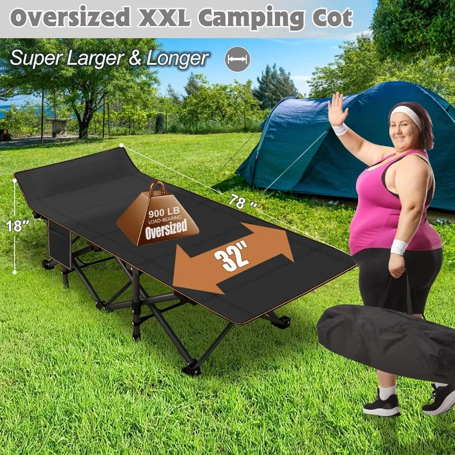 XXL Camping Cot for Adults 900LBS - 78×32 Oversized Folding Bed with Mattress Pad Heavy Duty 1200D Oxford Outdoor Cot with Carr