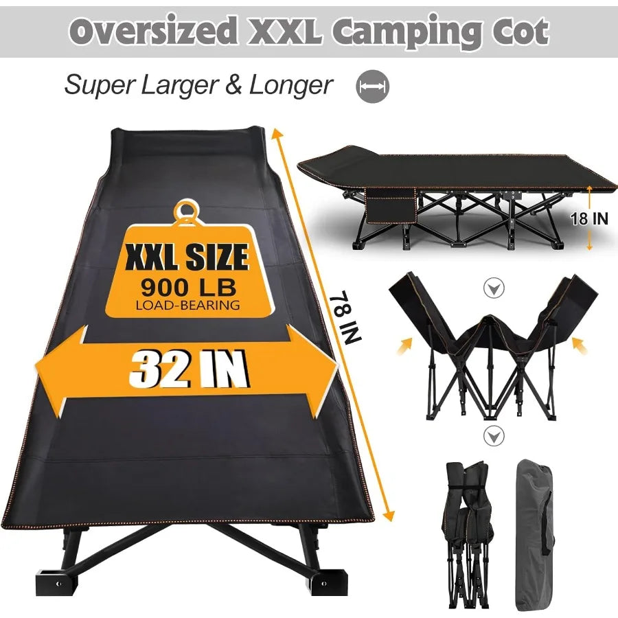 XXL Camping Cot for Adults 900LBS - 78×32 Oversized Folding Bed with Mattress Pad Heavy Duty 1200D Oxford Outdoor Cot with Carr