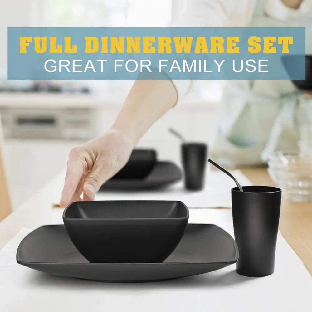 Wheat Straw Square Dinnerware Set For 8 Unbreakable With Flatware