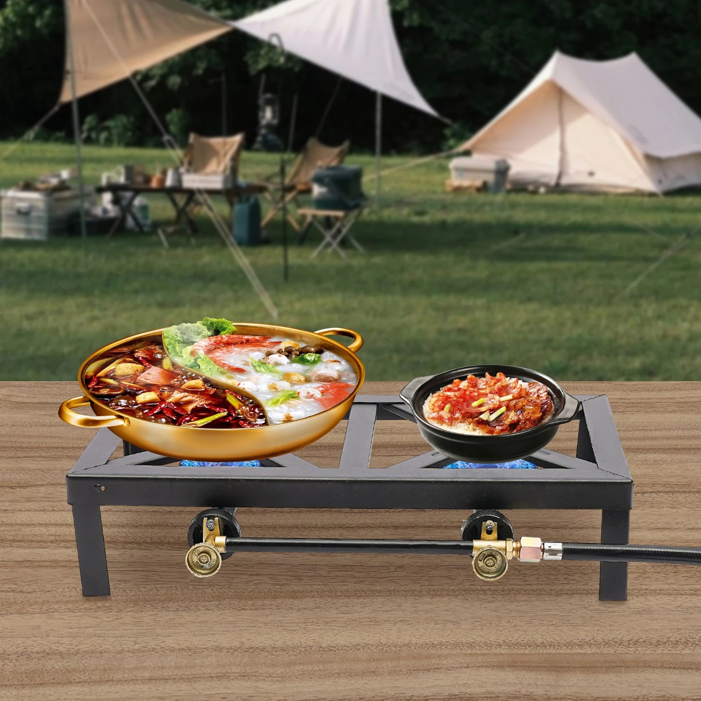 Portable Dual Burner Outdoor Gas Stove With Adjustable Regulator Hose