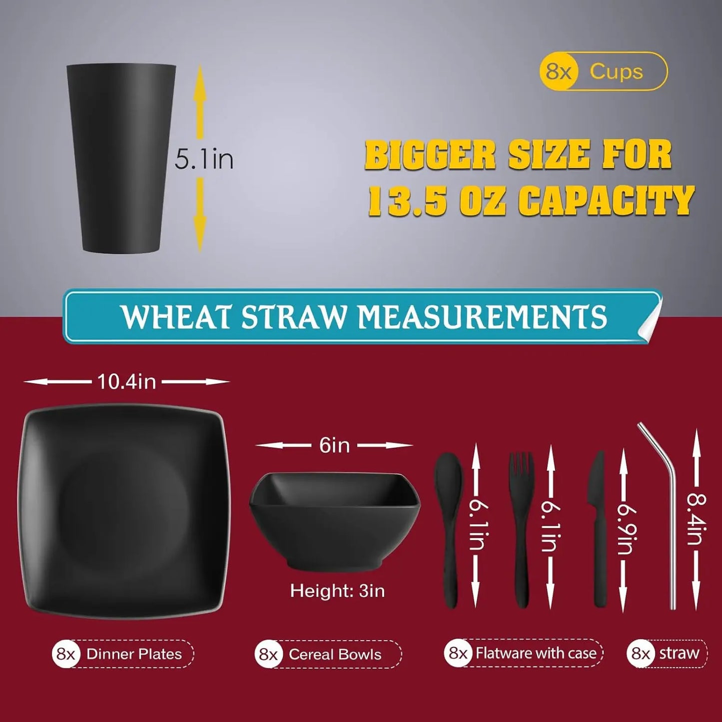 56-Piece Plastic Wheat Straw Square Unbreakable Dinnerware Set With Flatware