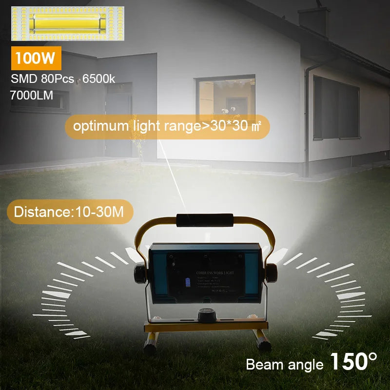 Brightness 100W COB Rechargeable LED Work Light Flood Lamp Waterproof