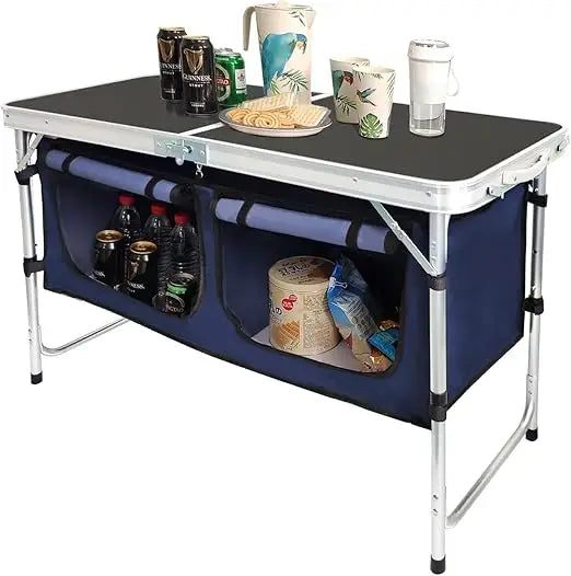 Outdoor Folding Aluminum Table With Adjustable Height And Storage Organizer