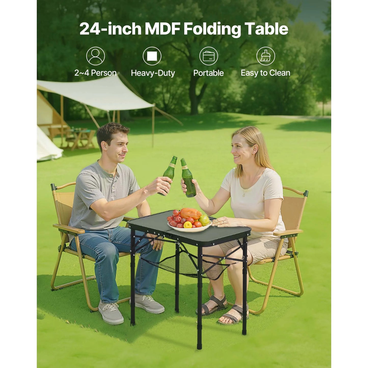 SucceBuy Folding Camping Table Adjustable Height Portable Side Tables Aluminum MDF Beach Table with Mesh Layer for Picnic BBQ