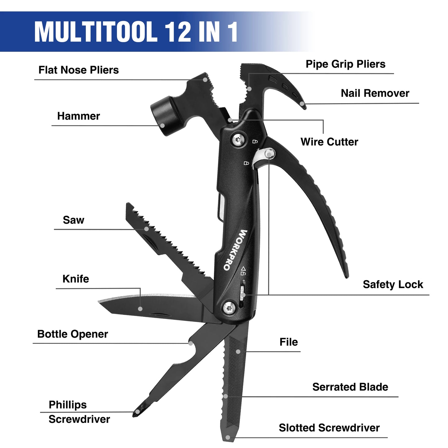WORKPRO 12 In 1 Hammer Multitool Claw Hammer Outdoors