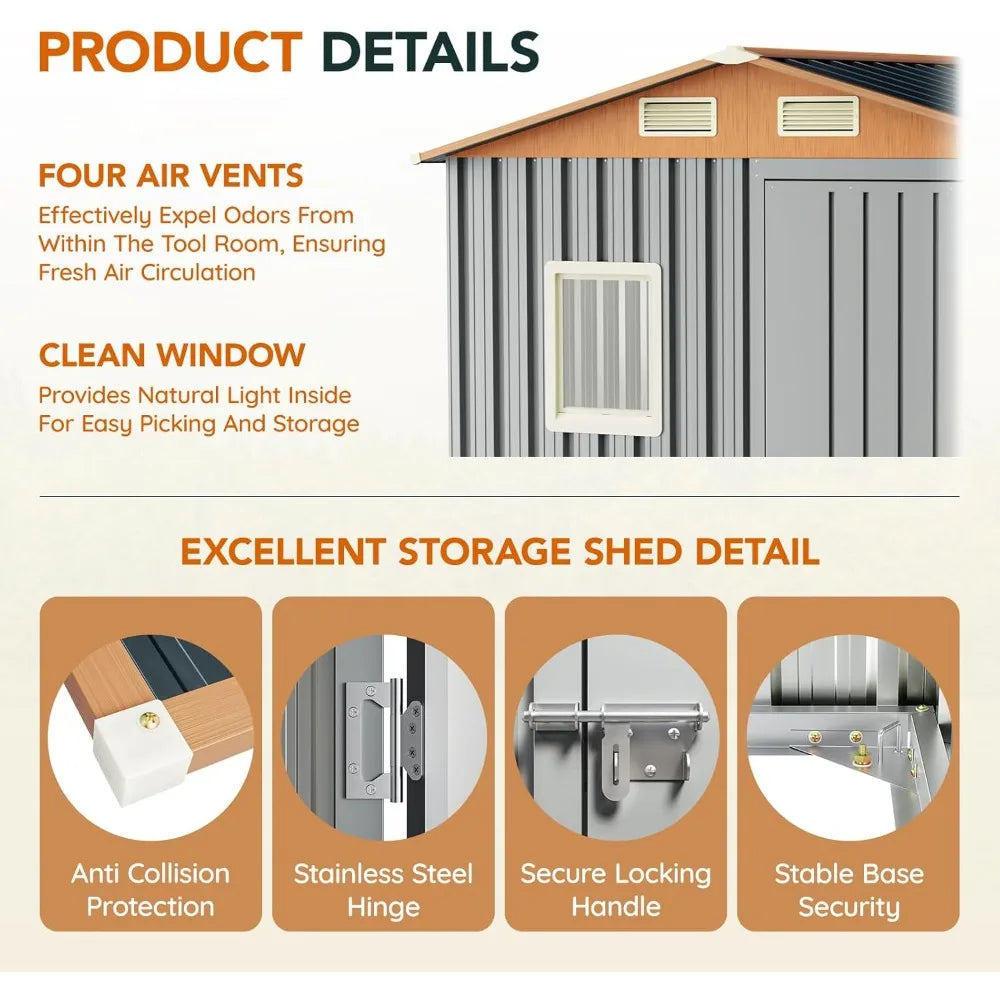 Metal Outdoor Storage Shed With Lockable Doors Window Vent