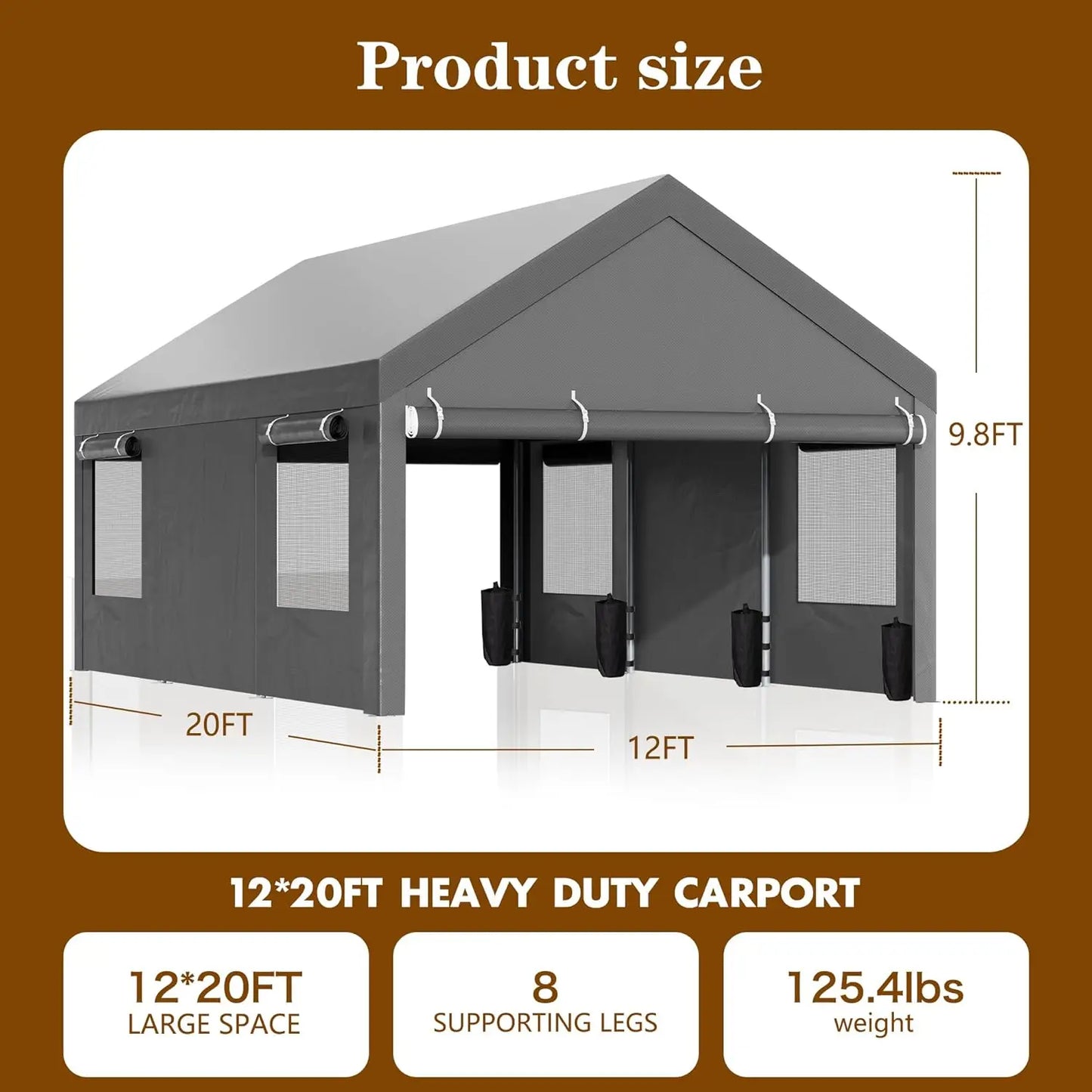 High-Concerned Heavy Duty Carport Canopy With Roll-Up Windows All-Season Tarp