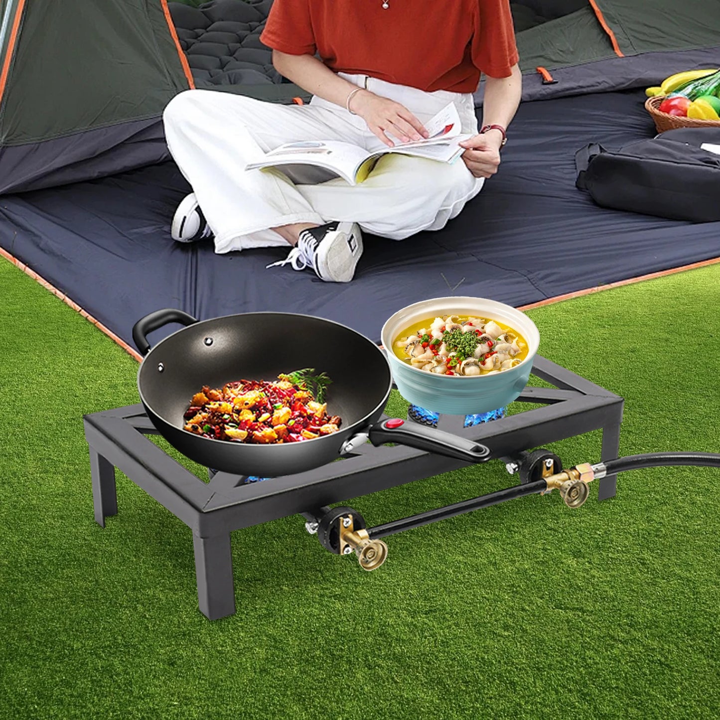 Portable Dual Burner Outdoor Gas Stove With Adjustable Regulator Hose