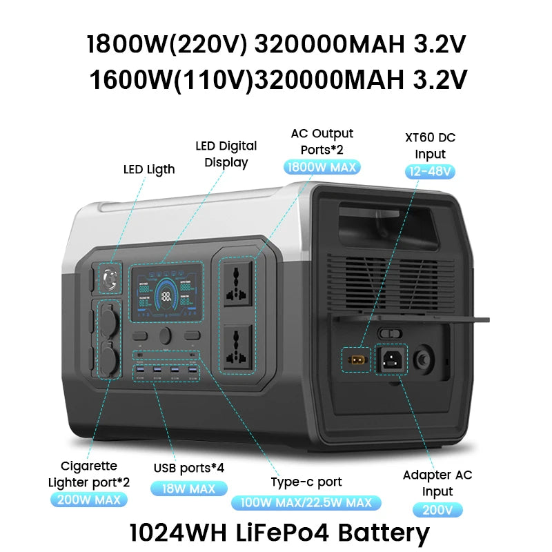 CTOLITY 1024Wh Lifepo4 Portable Power Station 110V 220V AC